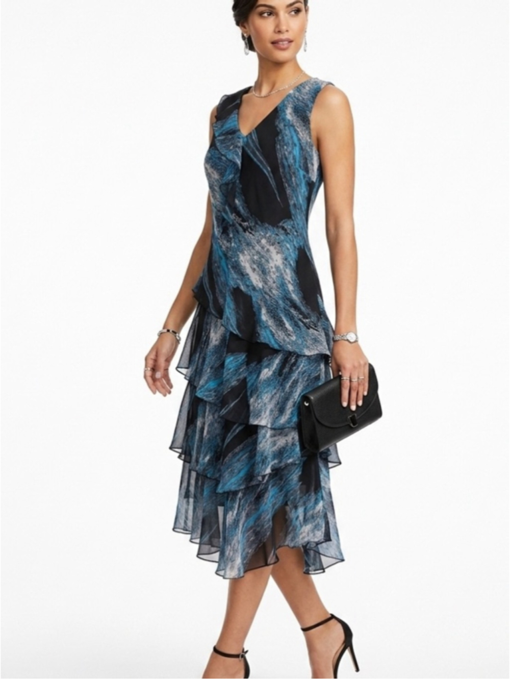 Abstract Print Blue Black Tiered Ruffle Chiffon Midi Dress Sleeveless V-Neck1412